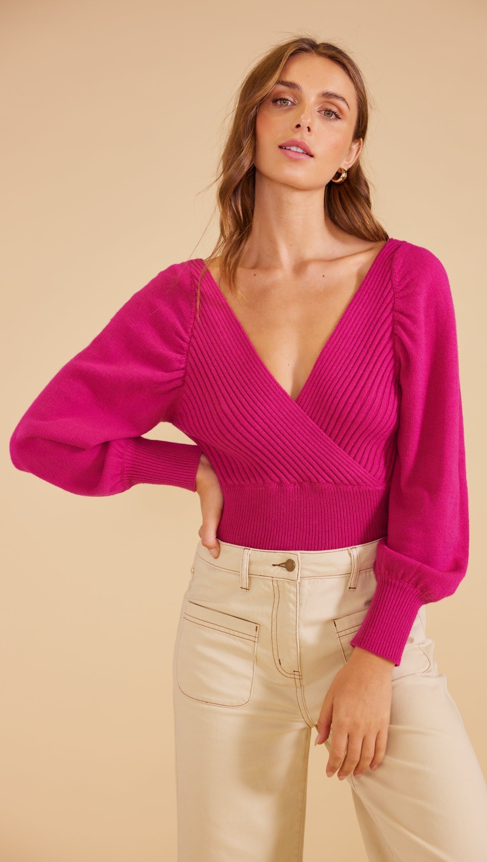 Mango v-neck long sleeve sweater in pink